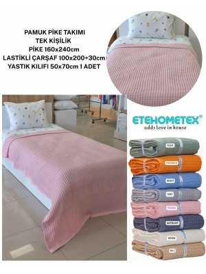 ETEHOMETEX HAVUZLU PİKE TAKIMI %100 PAMUK TEK KİŞİLİK PEMBE 8696474232108